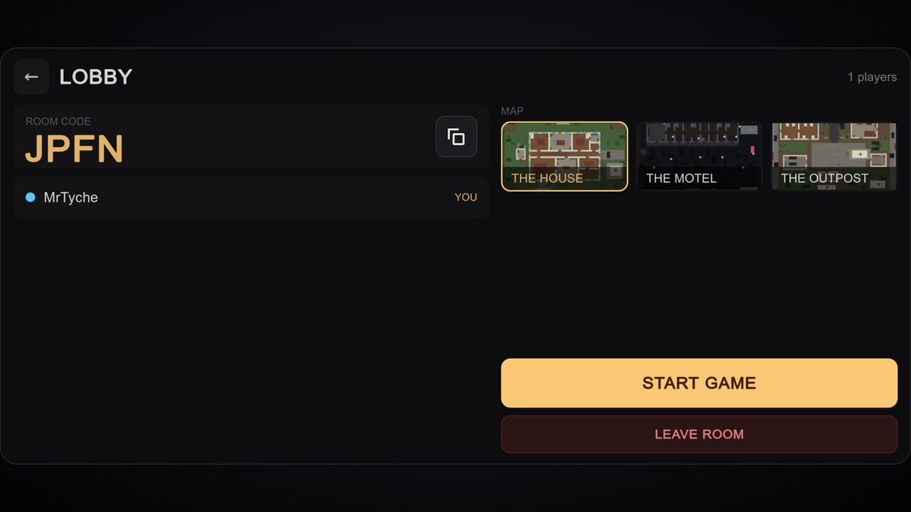 Lobby: a room code and the three maps